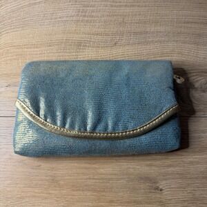 Modella Teal Gold Metallic Foldover Clutch Bag NWT Designer Evening Pouch Mirror